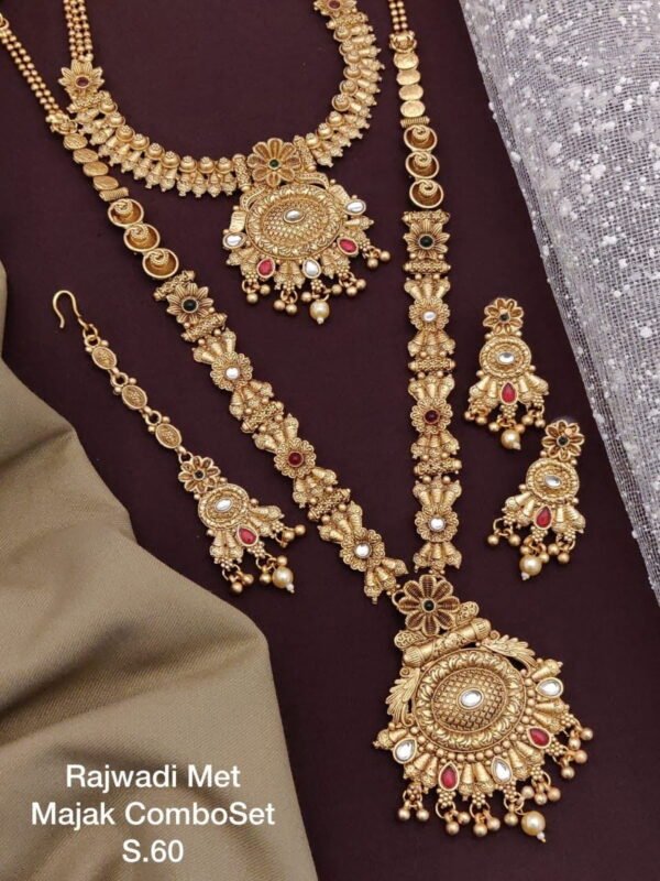 Trending Gold Plated Combo Set Of Necklace Earring & Maangtikka - Image 2