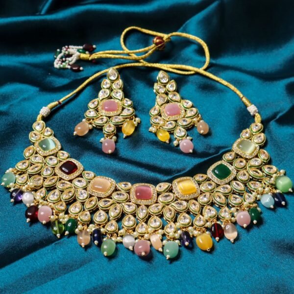 Multi Color Kundan Bridal Necklace Set With Earring & Bindi