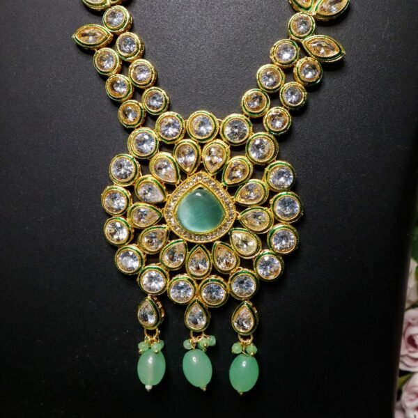 Green Color Long Kundan Bridal jewellery Set With Earring & Bindi