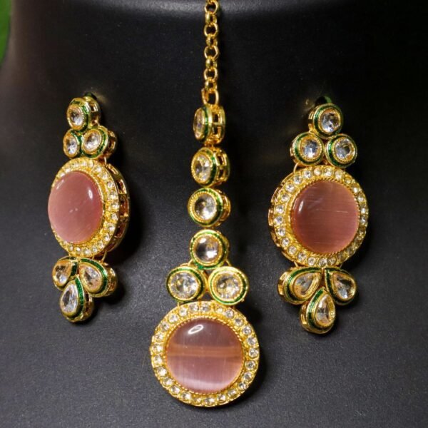 Pink Color Long Kundan Bridal jewellery Set With Earring & Bindi