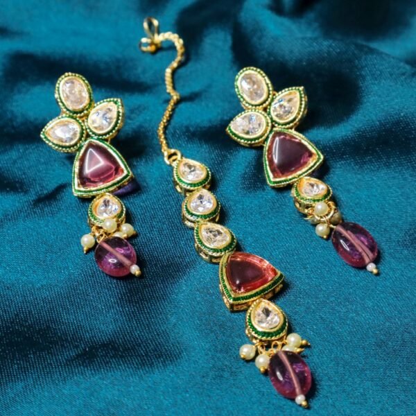 Pink Kundan Bridal Jewellery sets With Earring & Maangtikka