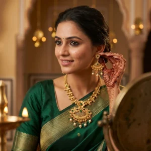 Gold Plated Necklace Set with Floral Design, Green Stones & Pearl Drops