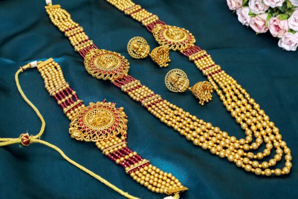 Gold Plated Long Rajwadi Laxmi Mala With Choker - Image 2