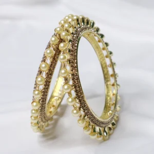 Gold Plated Moti Bangles With AD Stone