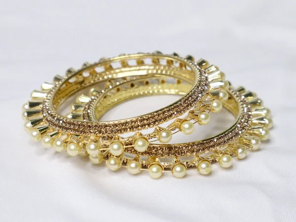 Gold Plated Moti Bangles With AD Stone