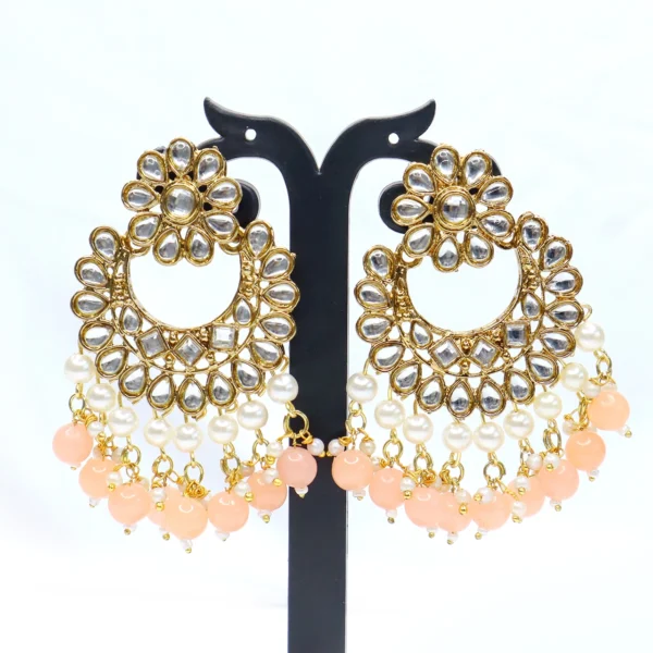 Gold Plated Peach and Pearl Beads Studded Kundan Jhumka