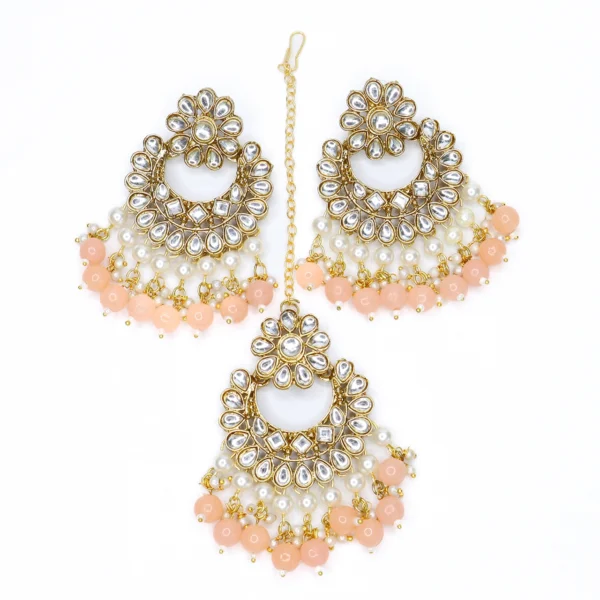 Gold Plated Peach and Pearl Beads Studded Kundan Jhumka