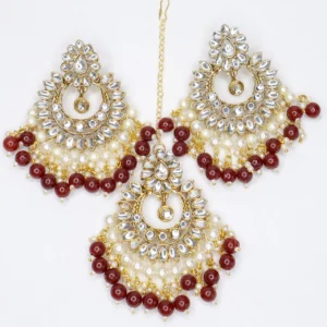 Gold Plated Pearl Beads Studded Kundan Jhumka With Maangtikka