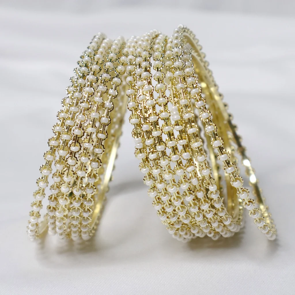 Moti Design Pearl Studded Gold Plated Metal Bangles Set For Women & Girls (Set of 12 Bangles)