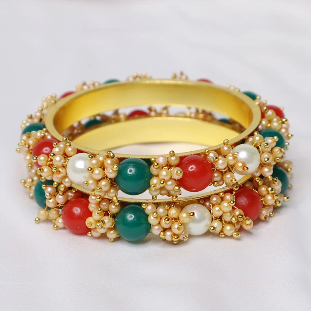 Multicolored Gold Plated Cluster Pearl Beads Bangle Set for Women and Girls (Set of 2)