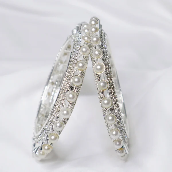 Silver Plated Moti Bangles With AD Stone