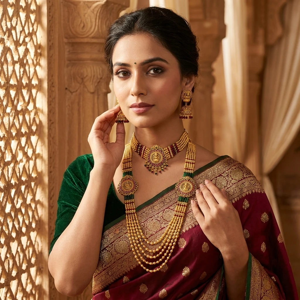 Long Rajwadi Laxmi Mala With Choker & Earrings