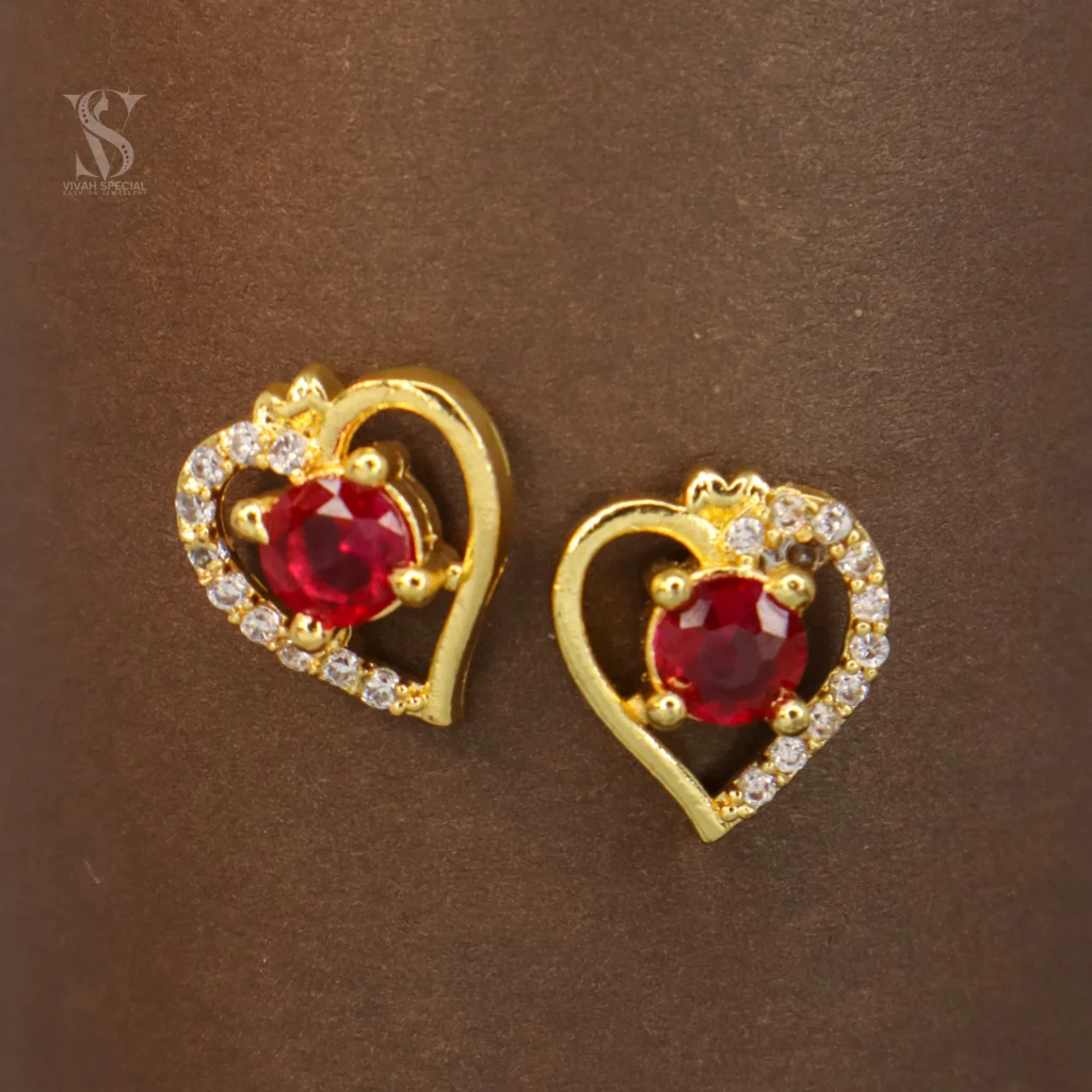 Attractive Heart Shape Ruby and White Stone Gold Plated Stud Earrings