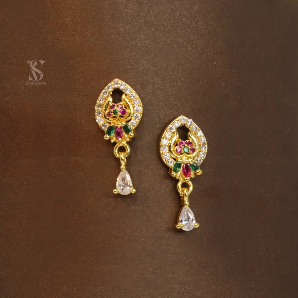 Attractive Temple Design Ruby, Emerald, and White Stone Gold Plated Drop Earrings