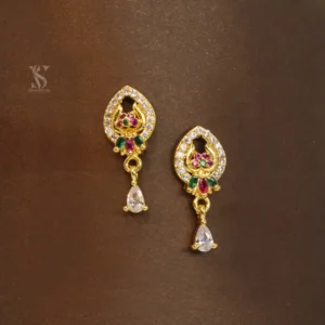 Attractive Temple Design Ruby, Emerald, and White Stone Gold Plated Drop Earrings
