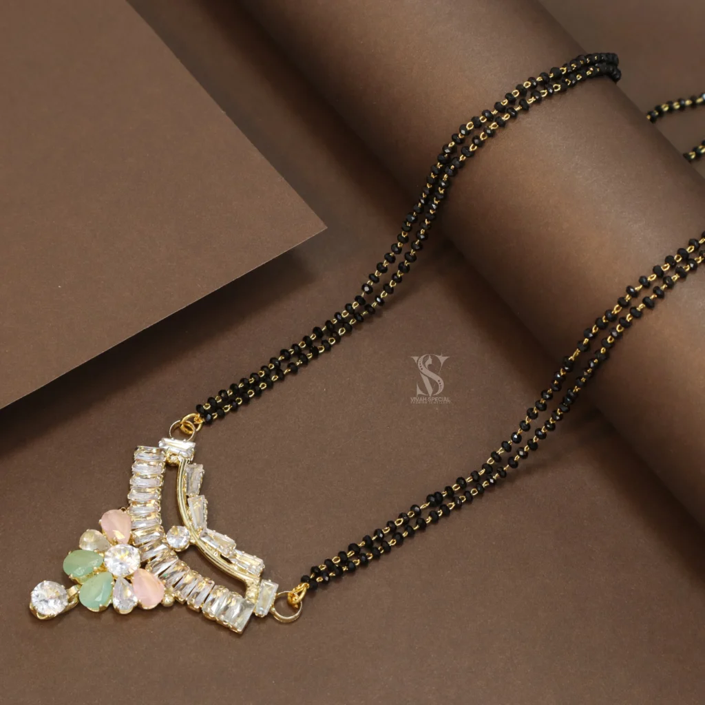 Fashionable Diamond Cut Stone and Black Crystal Beads 30 Inch Mangalsutra - Modern Elegance