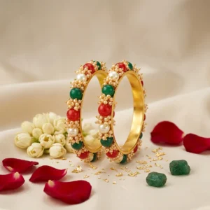 Multicolored Gold Plated Cluster Pearl Beads Bangle Set for Women and Girls (Set of 2)