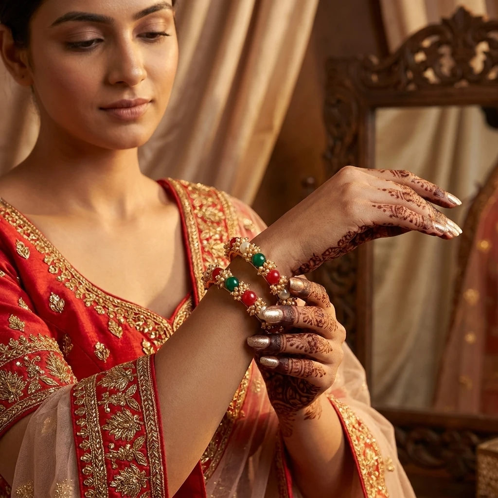 Multicolored Gold Plated Cluster Pearl Beads Bangle Set for Women and Girls