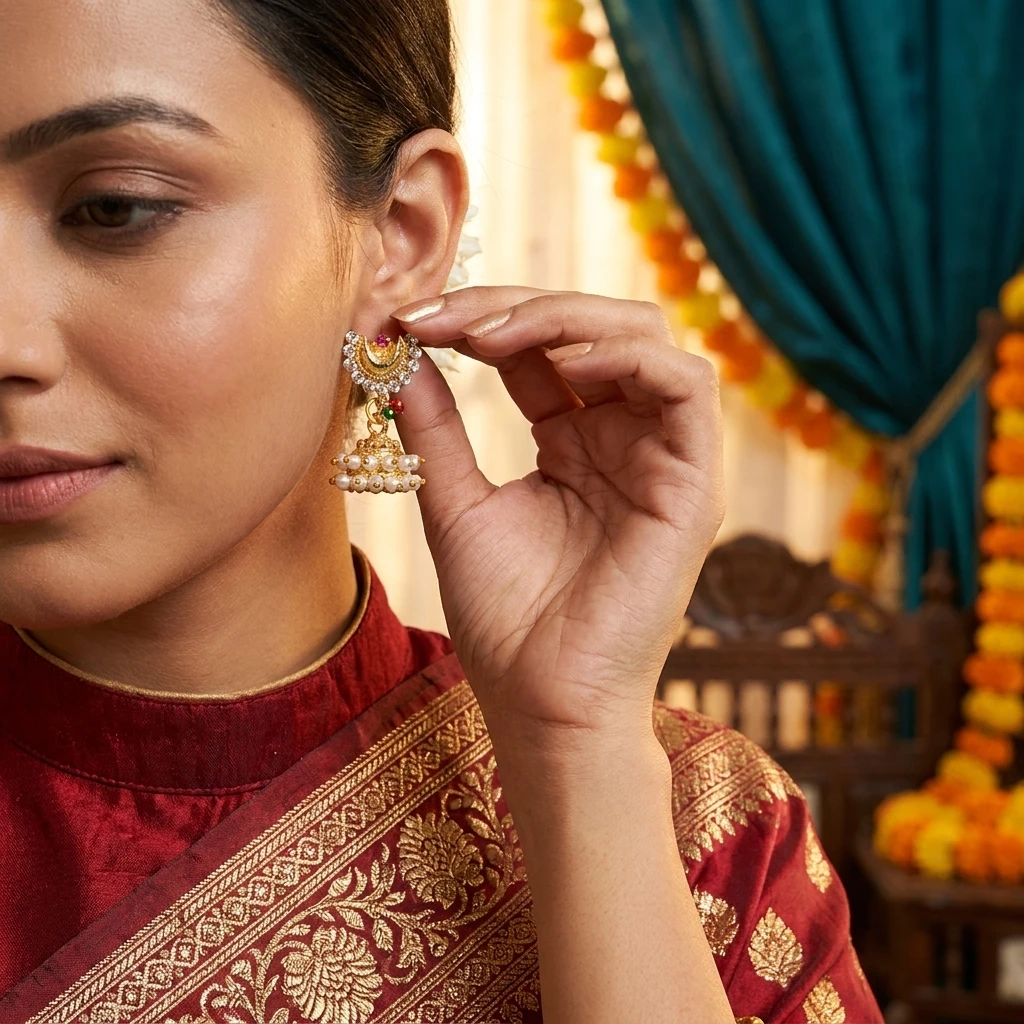 Traditional Maharashtrian Gold Plated Moti Jhumka